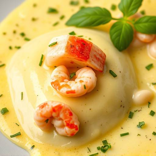 A close-up of lobster ravioli with saffron cream sauce, garnished with fresh herbs.