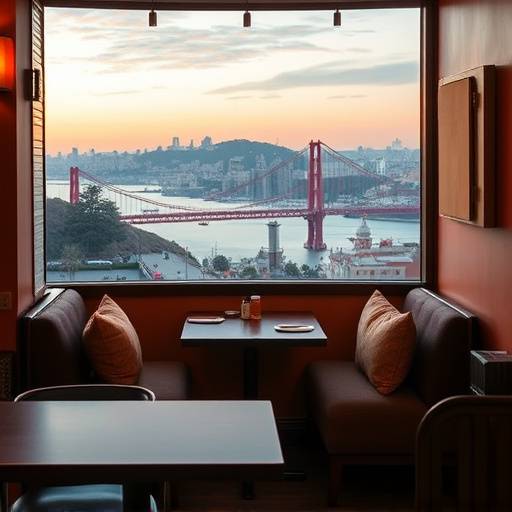 A cozy corner of Aurelian Bistro with comfortable seating and a view of the San Francisco skyline.