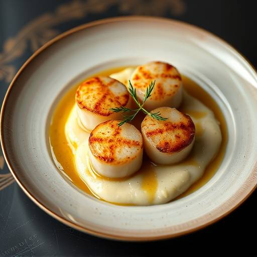 A perfectly plated dish of pan-seared scallops with cauliflower purÃ©e and brown butter vinaigrette.