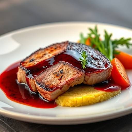 A plate of Pan-Seared Duck Breast with cherry reduction, creamy polenta, and seasonal vegetables