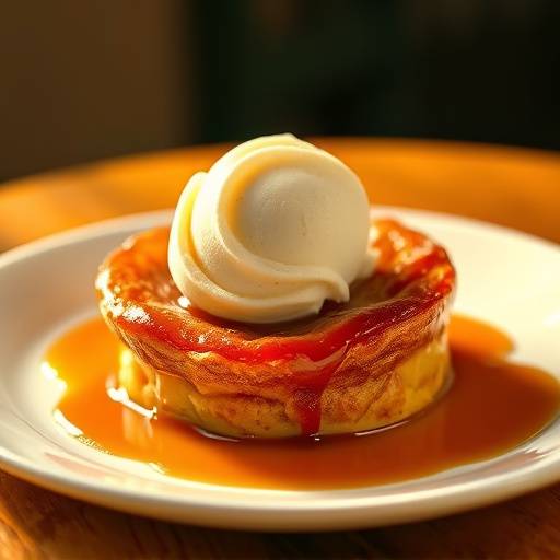 Apple Tart Tatin with caramel sauce and vanilla ice cream on a white plate