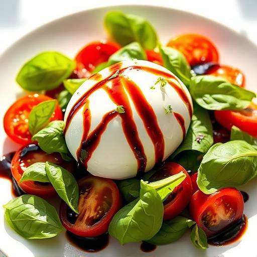 Burrata salad with heirloom tomatoes, fresh basil, and a balsamic glaze drizzle.