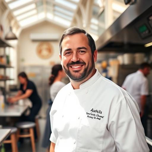 Chef Antoine Dubois smiling in the Aurelian Bistro kitchen