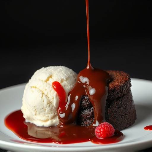 Chocolate Lava Cake with Raspberry Coulis and Vanilla Ice Cream, with molten chocolate flowing out
