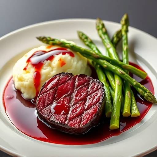 Filet Mignon with Truffle Mashed Potatoes and Asparagus, topped with red wine reduction