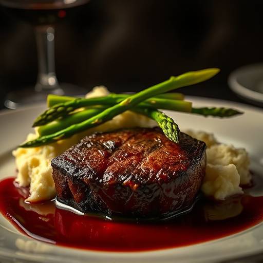 Filet mignon with truffle mashed potatoes and asparagus, served with a decadent red wine reduction.