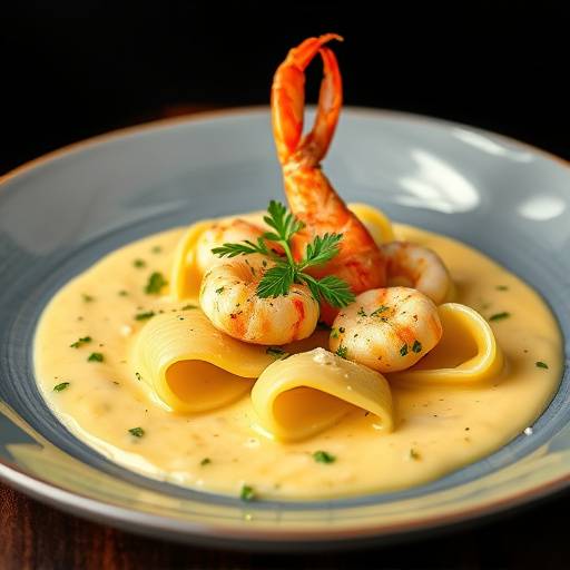 Lobster Ravioli with Saffron Cream Sauce, garnished with fresh herbs