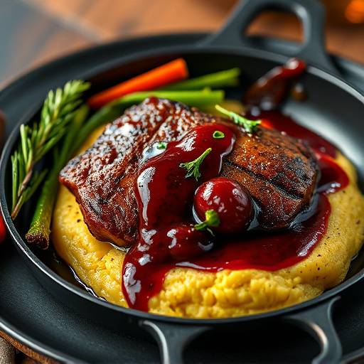 Pan-seared duck breast with cherry reduction, creamy polenta, and seasonal vegetables.