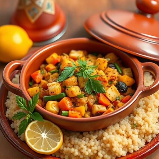Vegetarian Tagine with couscous and preserved lemons in a ceramic tagine pot